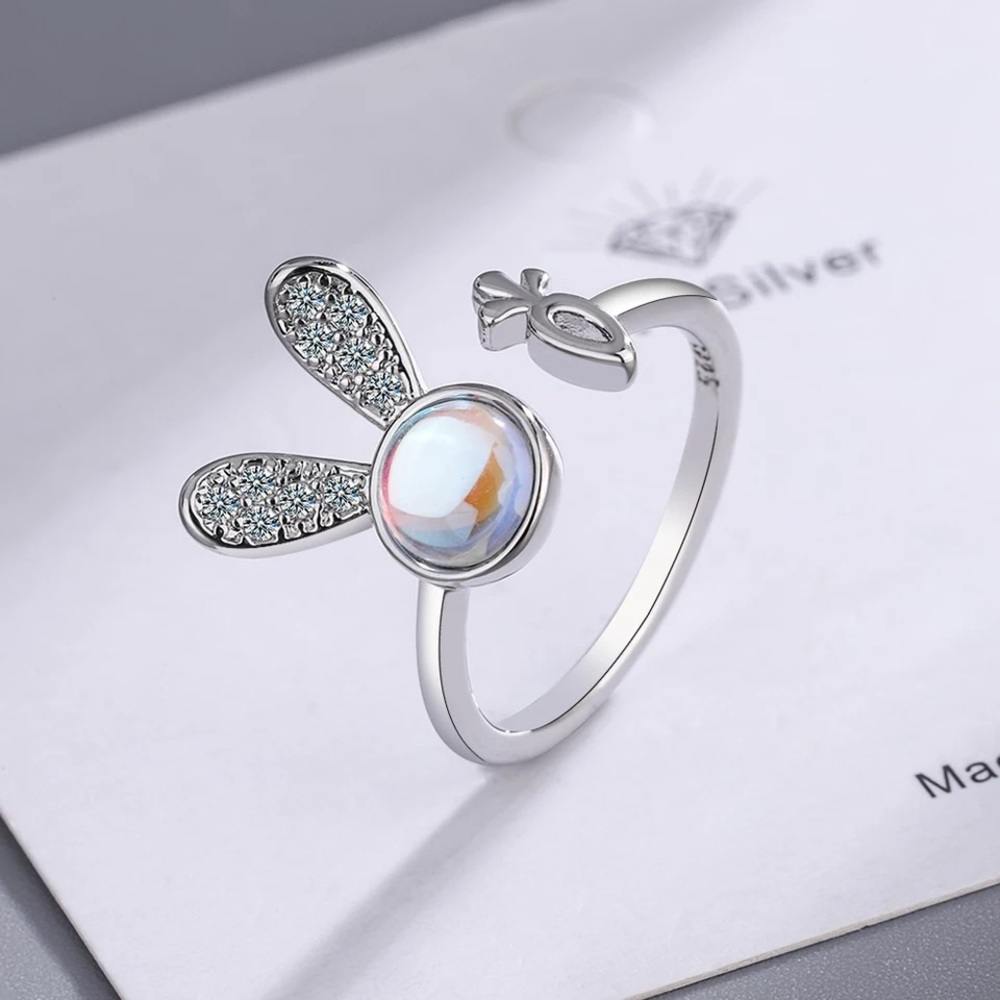 New Sterling Silver 925 Moonstone Bunny Rabbit & Carrot Adjustable Ring